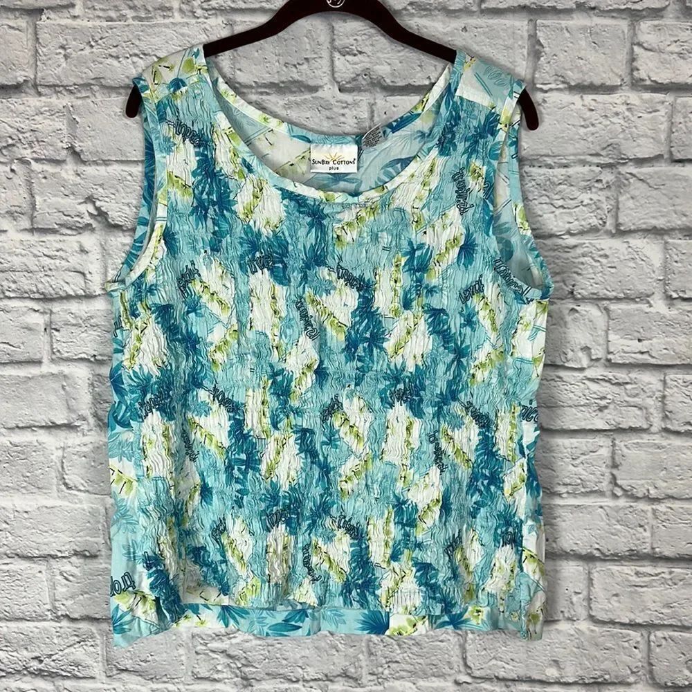 Sunbay Cottons Tropical Peasant Ruched Blue and Green Top 1X Sleeveless Tank